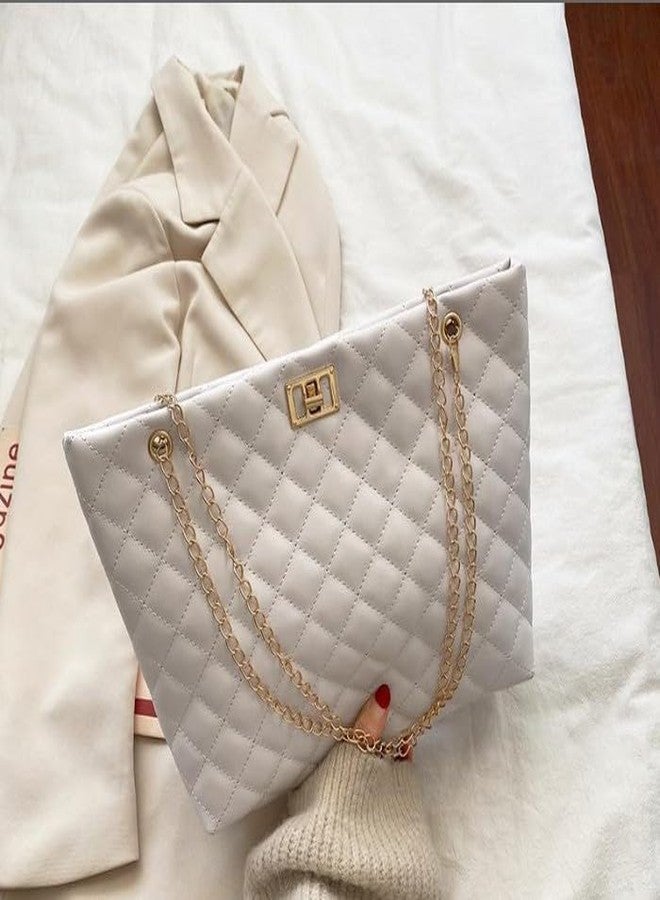 PAUL SONS Quilted Shoulder Bag with Gold Chain Straps, PU Leather, luxurious gold-tone turn-lock clasp and matching dual-chain straps. Fashion Handbag for Women (WHITE, Medium) - Image 3